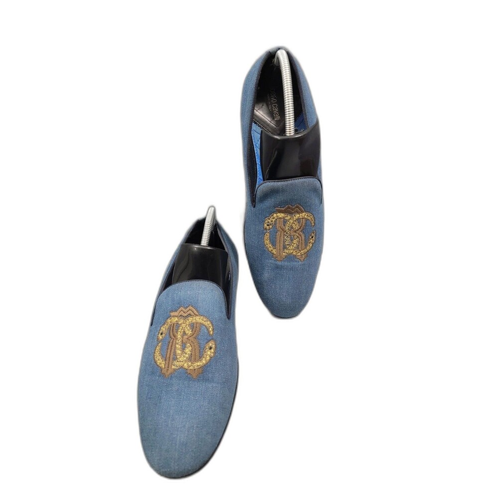 Roberto Cavalli Men's Blue Denim Loafer 44 EUR Slip-On Embroidered Made In Italy